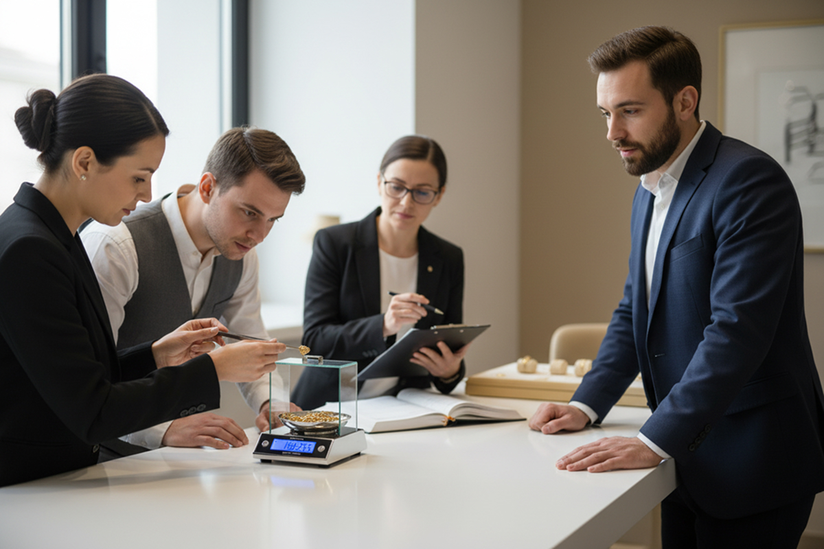 Análisis y pesaje de oro con equipos certificados